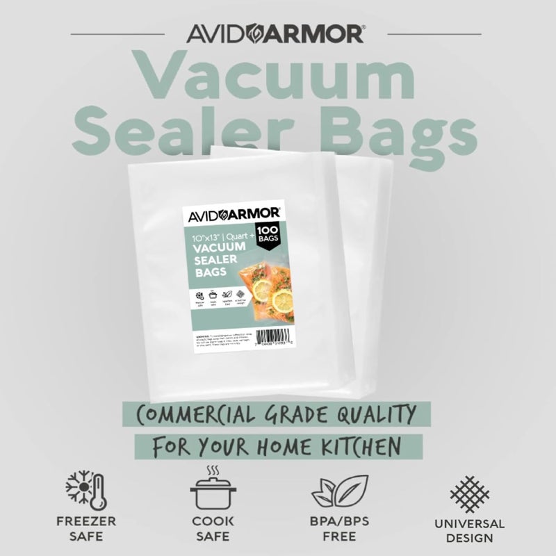 Avid Armor Vacuum Sealer Bags QUART PLUS Size 10"x13" 100 Pack for Food Saver and Seal A Meal Vac Sealers BPA Free Commercial Grade Sous Vide Vaccume Safe, Heavy Duty Universal Precut Storage Bag - Image 2
